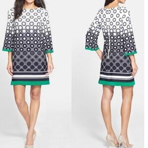 Eliza J Geometric Abstract Print Navy Green White Jersey Knit Shift Dress 4 NWOT